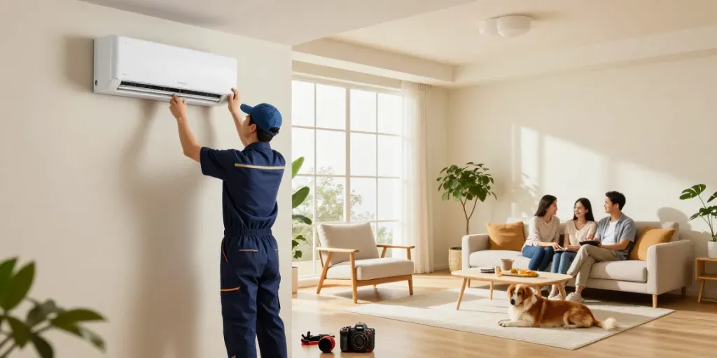 Ductless AC installation in a bright living room with family enjoying comfort.