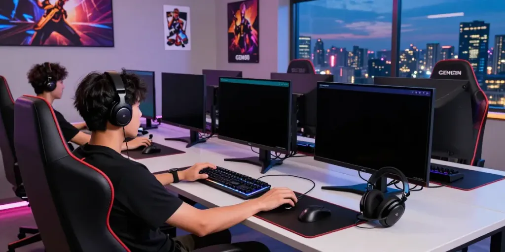 Gamer engaging with GEM88's vibrant gaming interface in a modern setup.