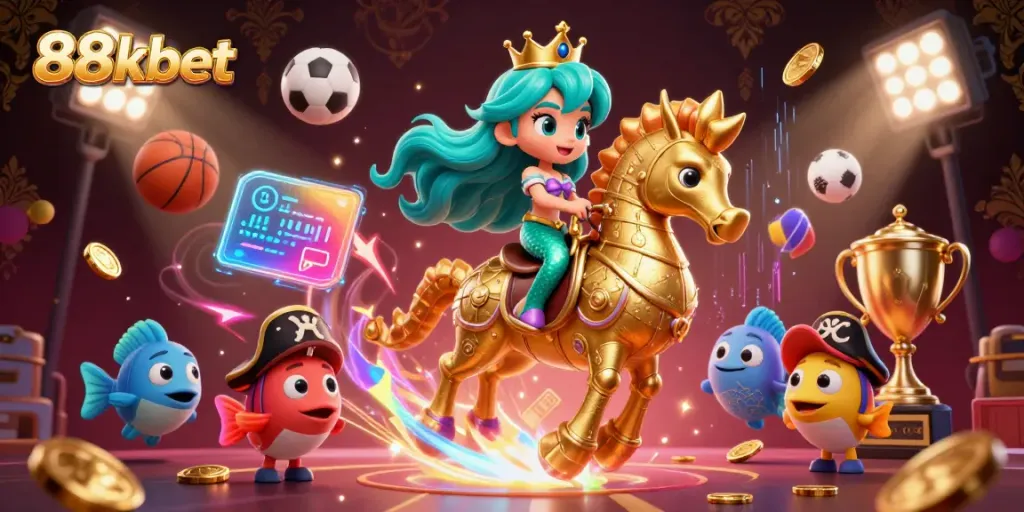 Bet on 88kbet with vibrant scenes of gaming excitement featuring a mermaid princess.