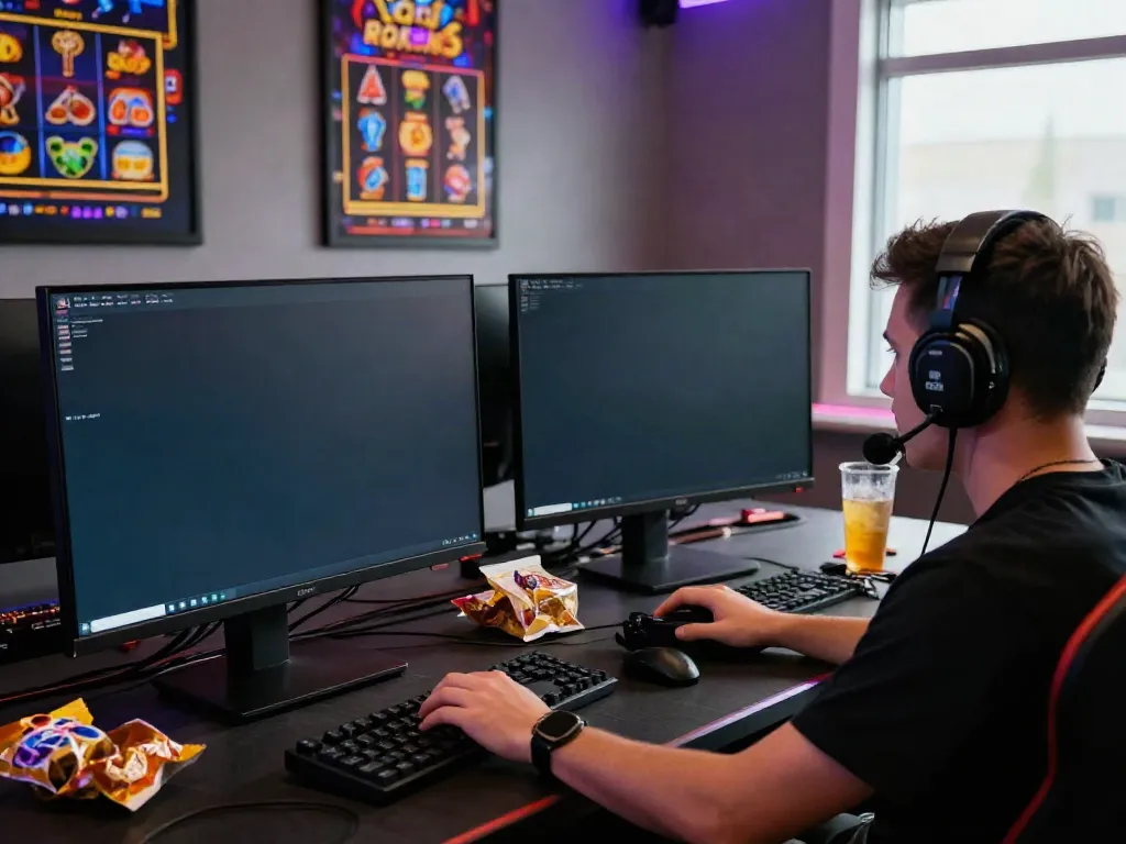 Engaging gaming atmosphere showcasing rokok88 slot login on dual screens in a cozy room.