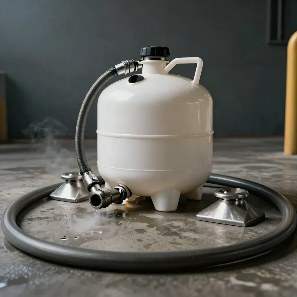 Fuel tote with hose and chocks at a dark loading bay, steam and puddle glow.