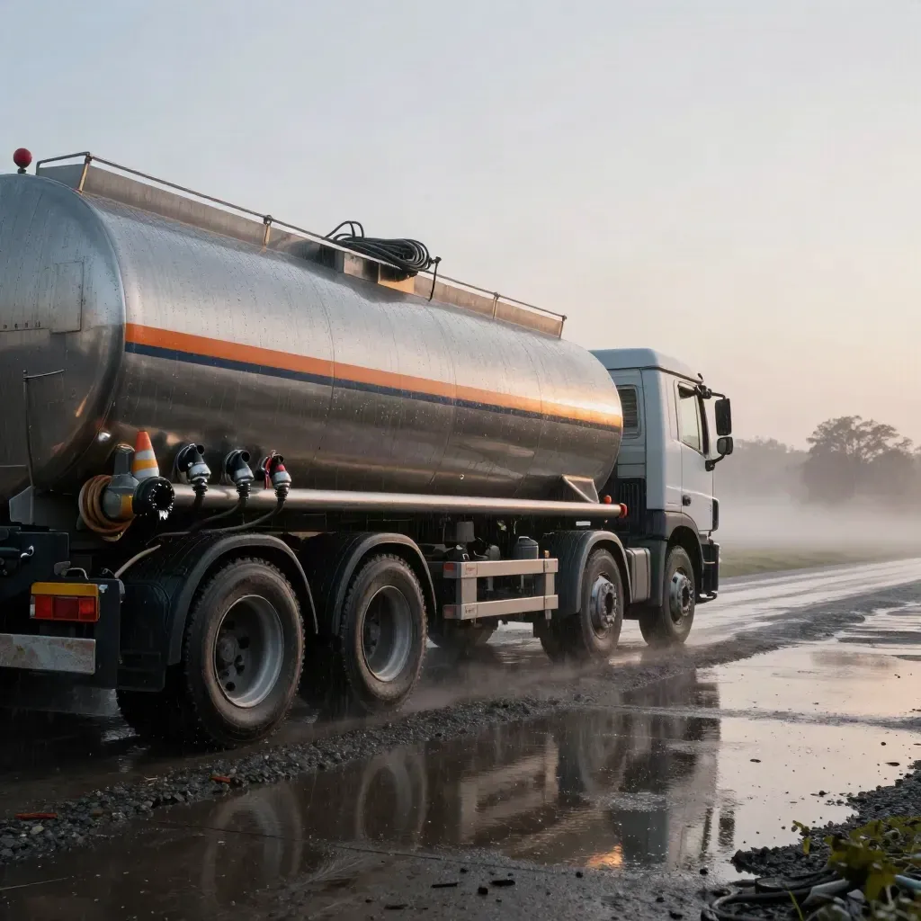 Bulk diesel tanker on wet gravel at dawn with hoses, cones and rain spray.