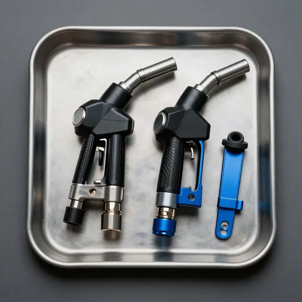 Top-down macro of two brushed-steel fuel nozzles in a cradle with a rubber seal on pewter.