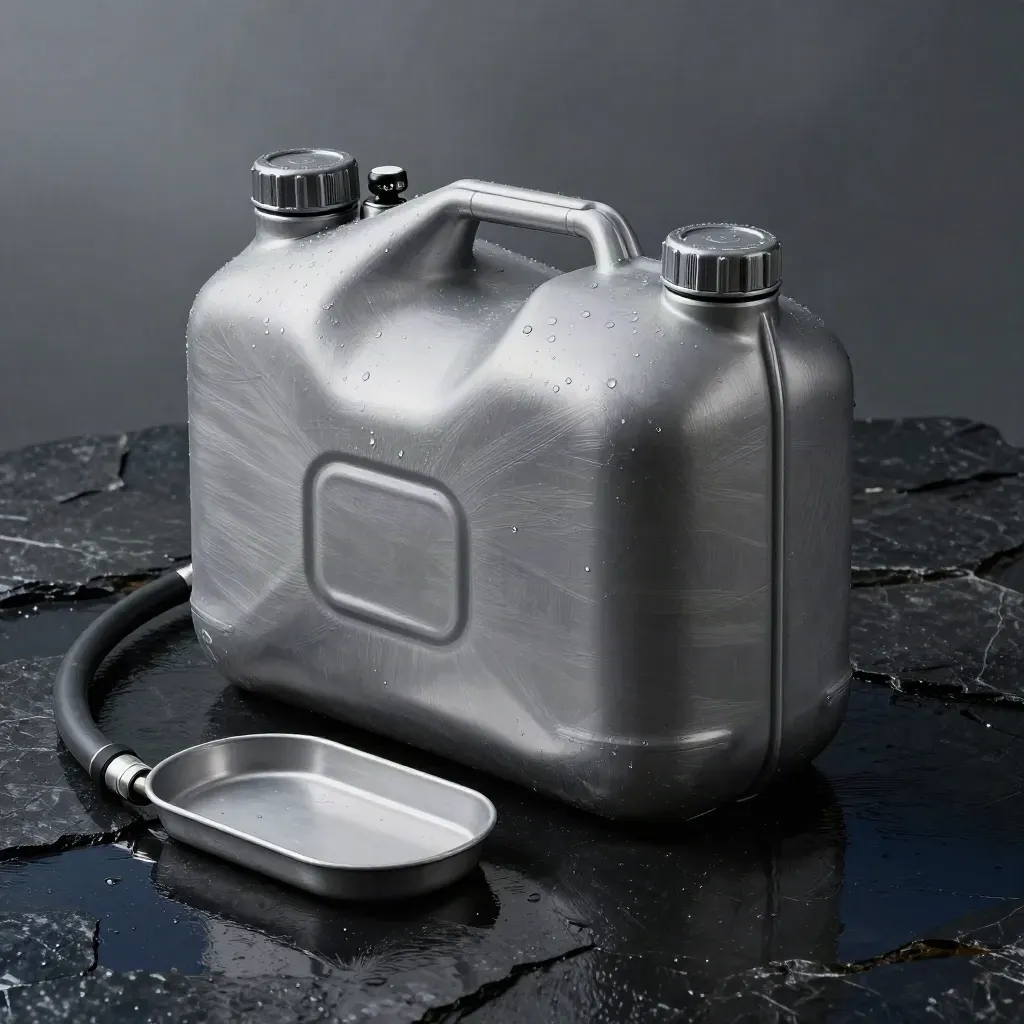 Bulk diesel tote with caps, hose and spill pan on wet black stone in mist.