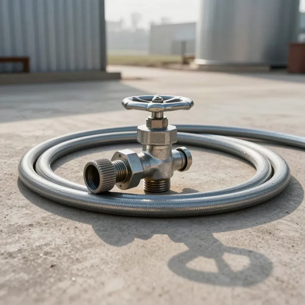 Galvanized farm tank filler assembly on concrete with mist and corrugated steel.