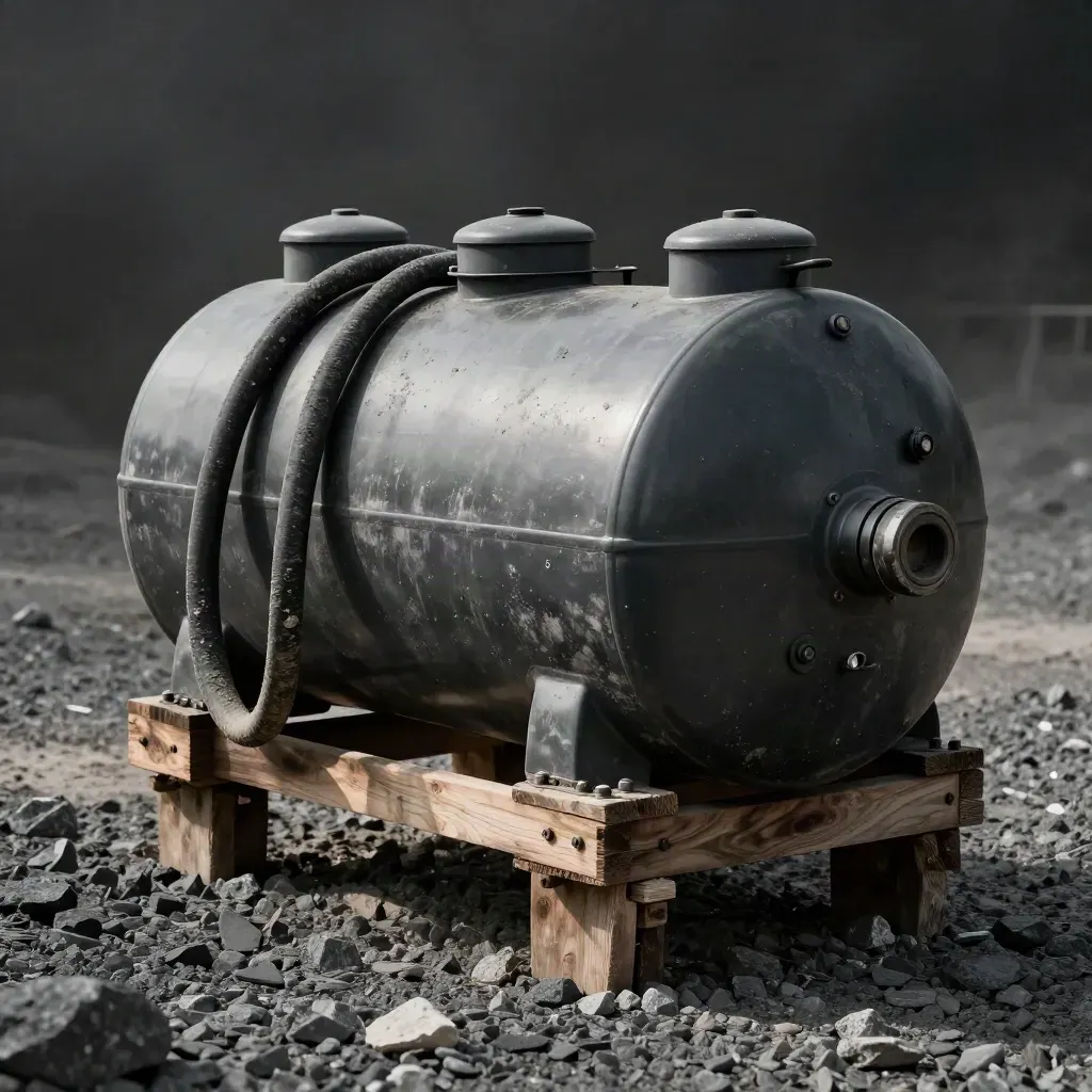 Compact site fuel tank on timber skids with hose loops and cone toppers in dramatic studio light.