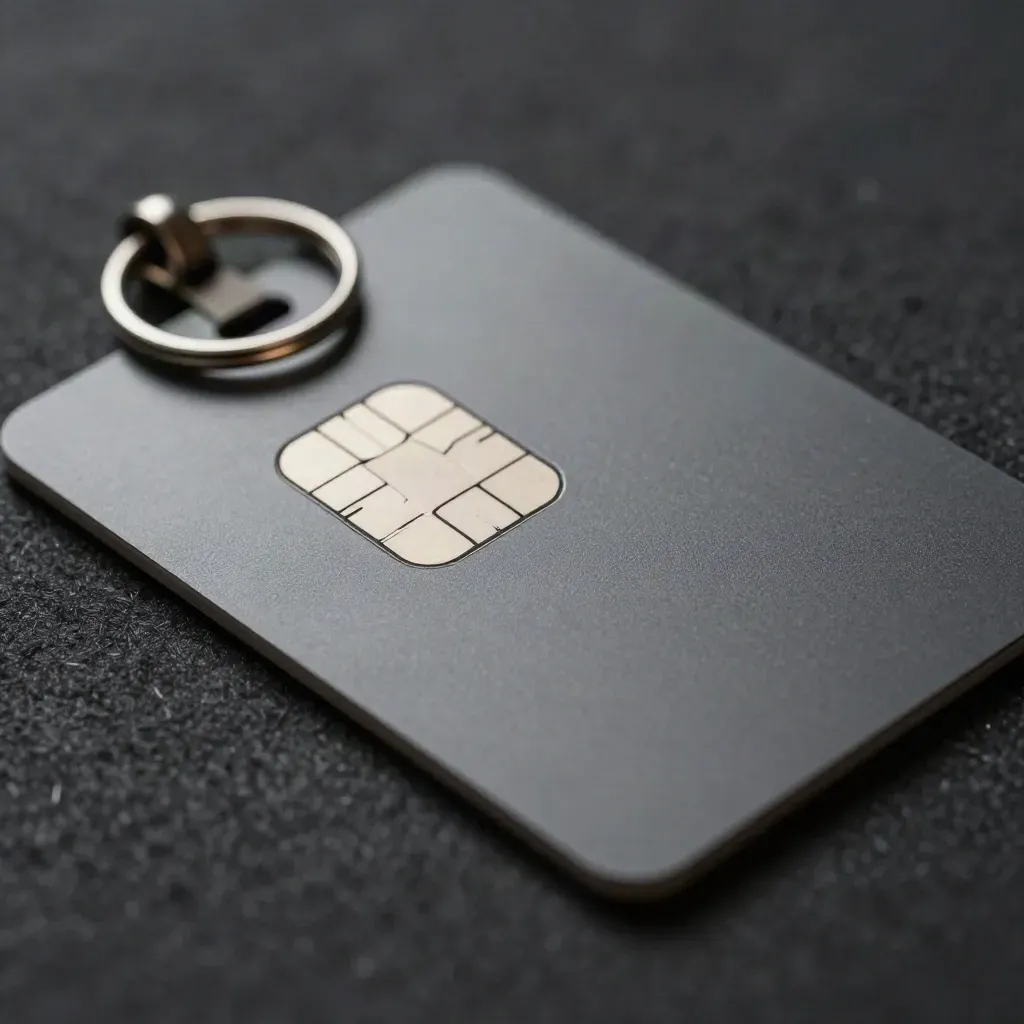 Blank fuel card macro with chip, key fob ring and clip on graphite felt, glinting in soft light