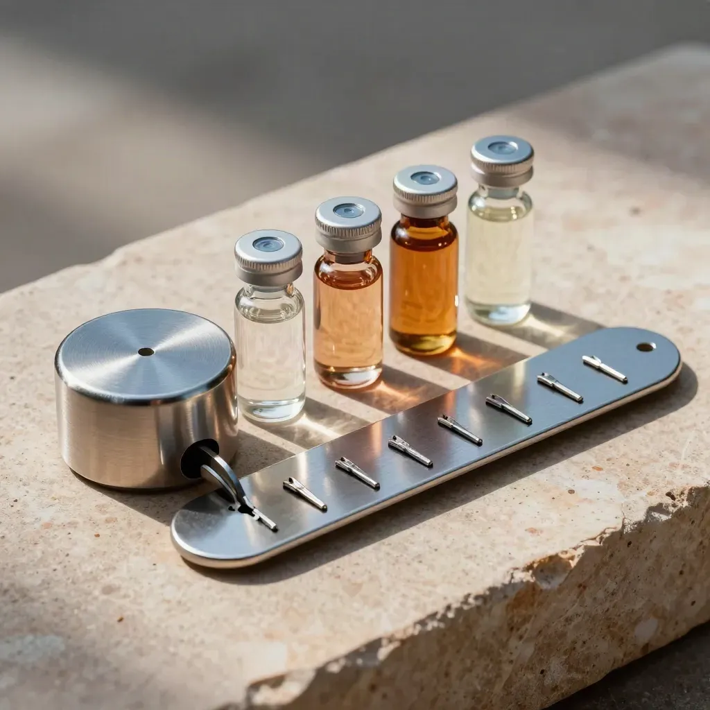Brushed metal rate puck with fuel vials and route pins on pale stone under soft light