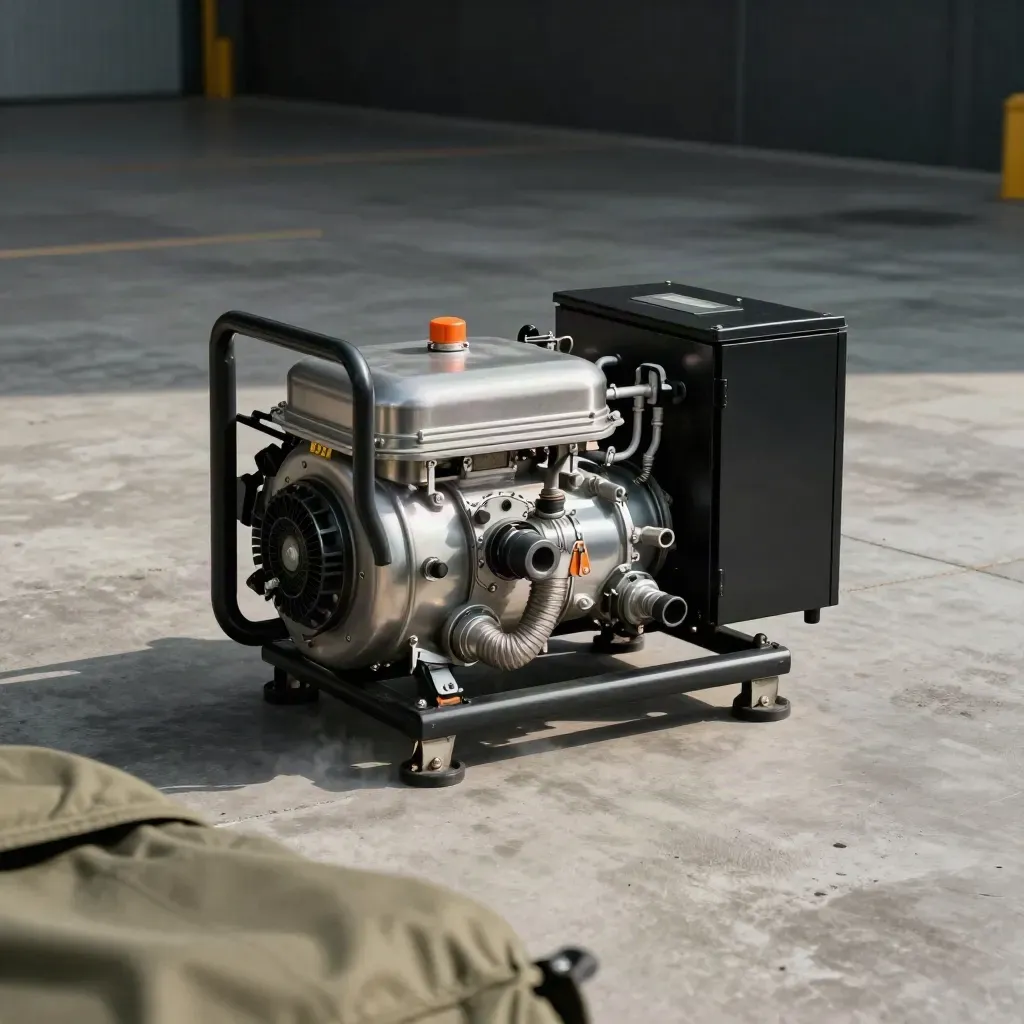 Generator fuel skid with hose and cabinet on concrete, lit with cool vapour