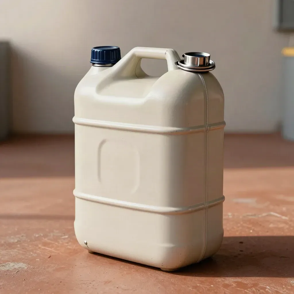 Macro view of a gasoline drum top with twin caps, sealed ring, and brushed handles.