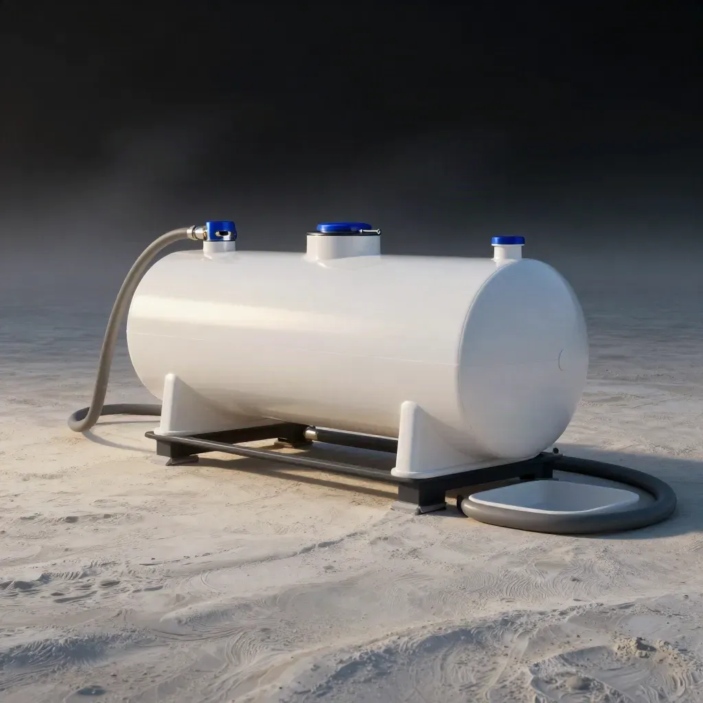 White site tank refill unit with hose and tray in misty first light on dark ground.