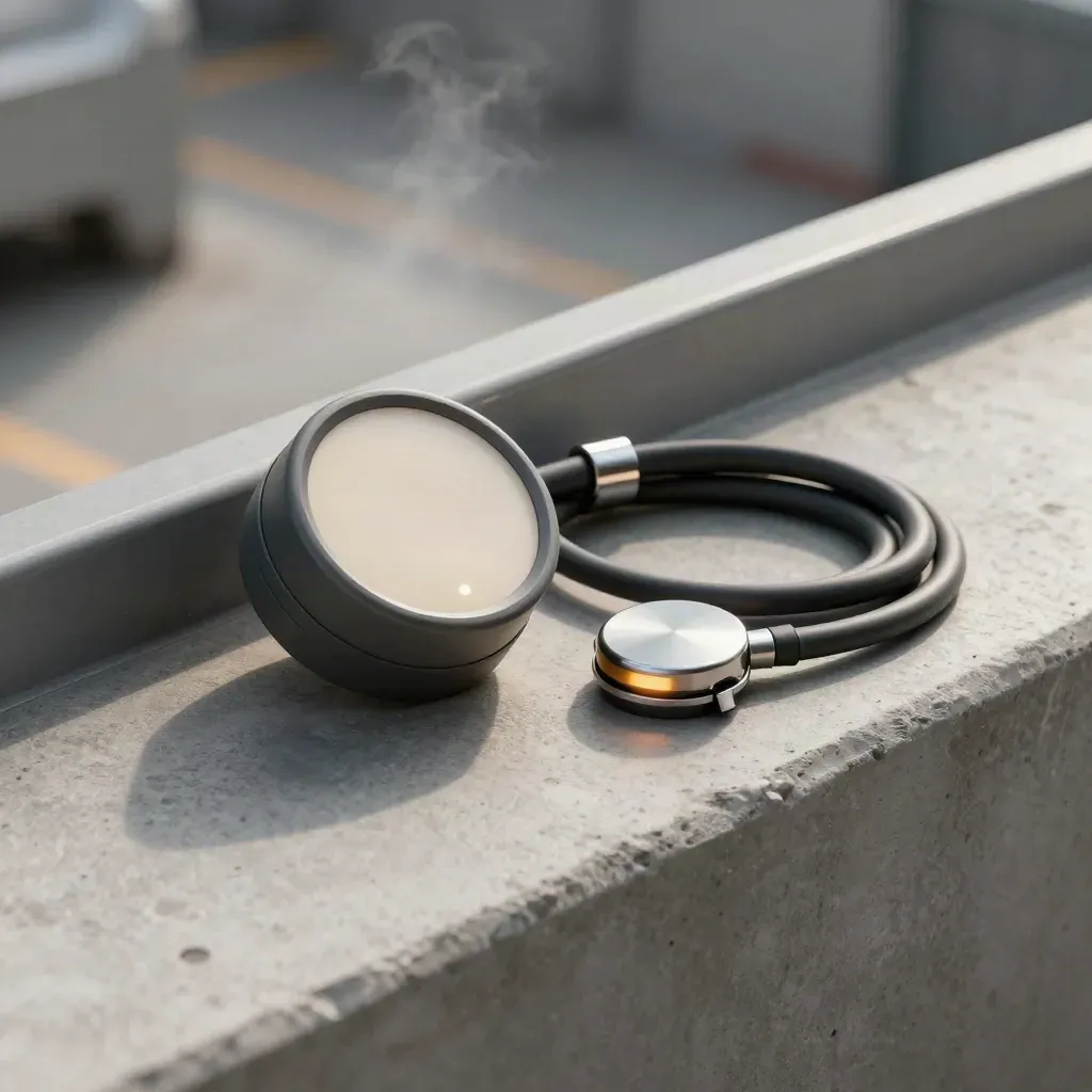 Tank gauge module, sensor puck, and cable loop beside a fuel cap ring on concrete.