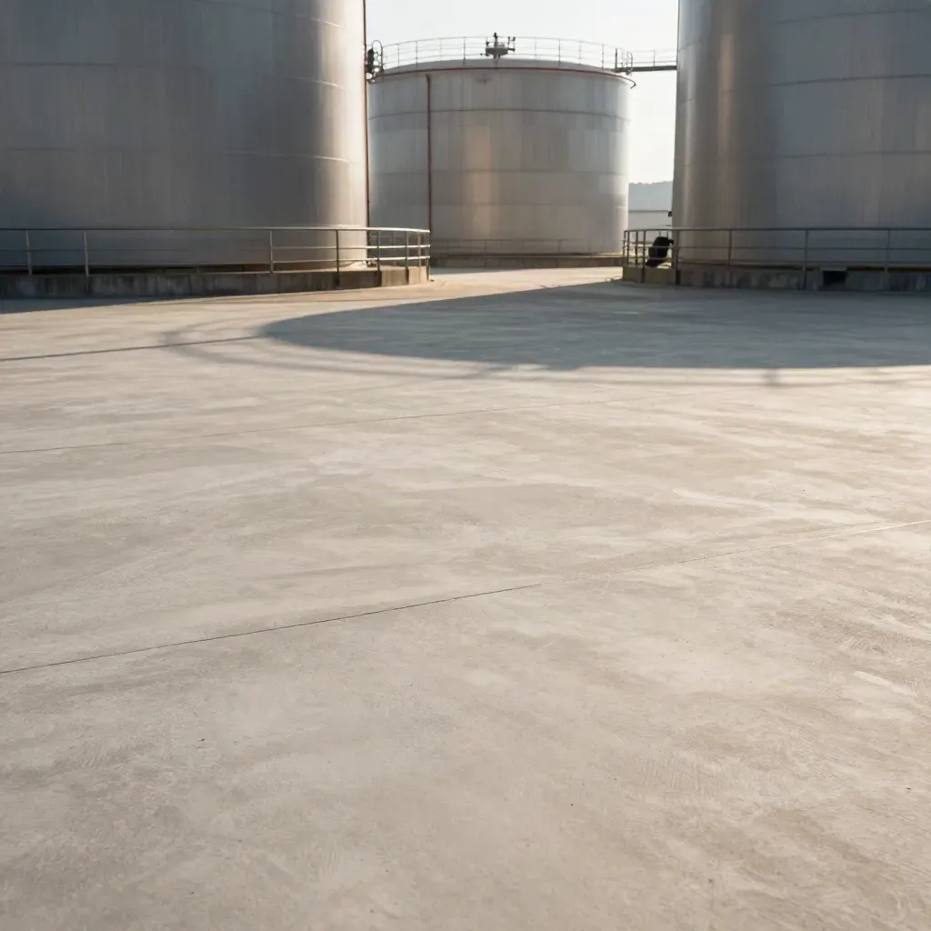Concrete fuel depot apron with tanks and railings in warm morning light.
