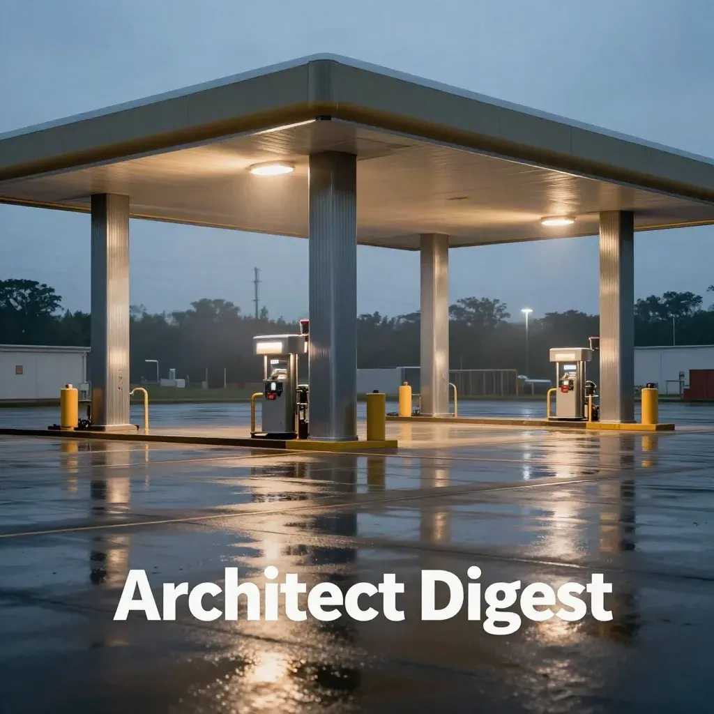 Wet fleet canopy at dusk with glowing lights and reflective asphalt, calm copy space below.