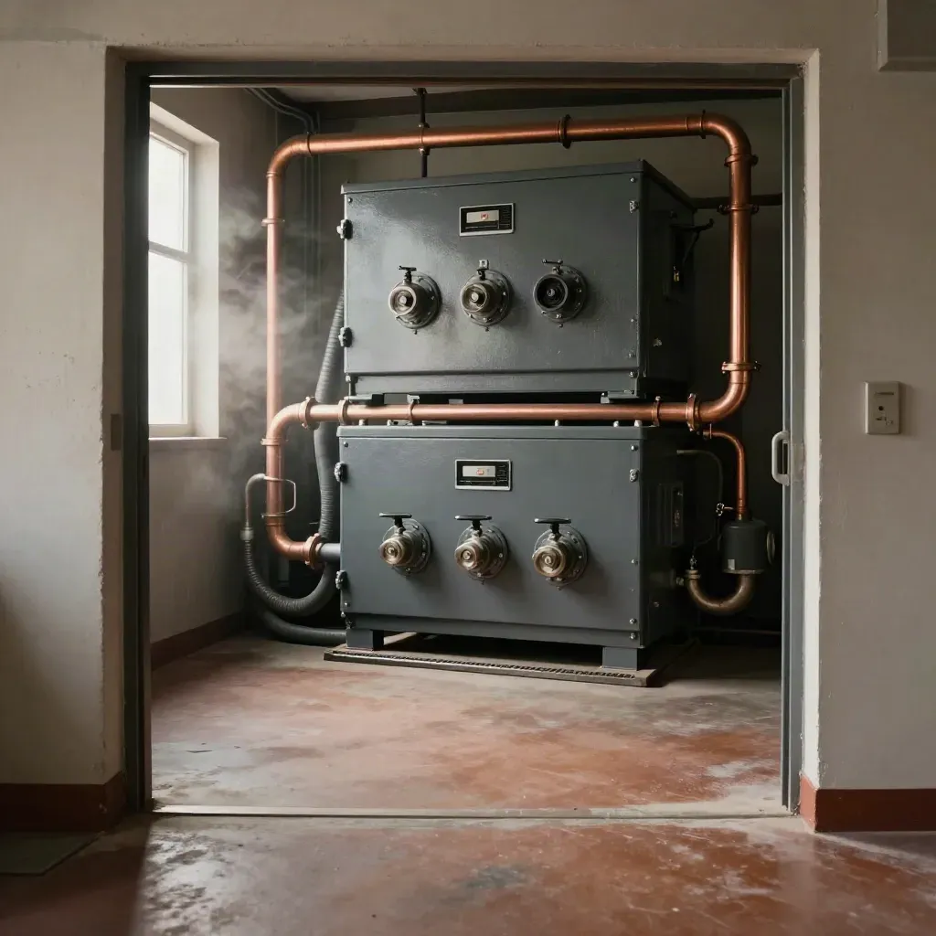 Dim backup generator room with copper piping, haze, and calm open floor space below