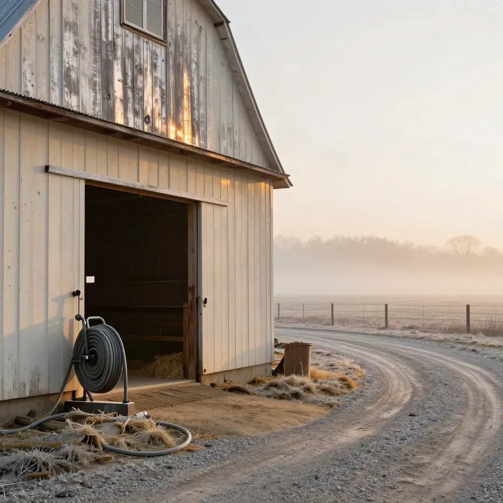 Rural grain shed at sunrise with cedar beams, hose reel, and misty field.