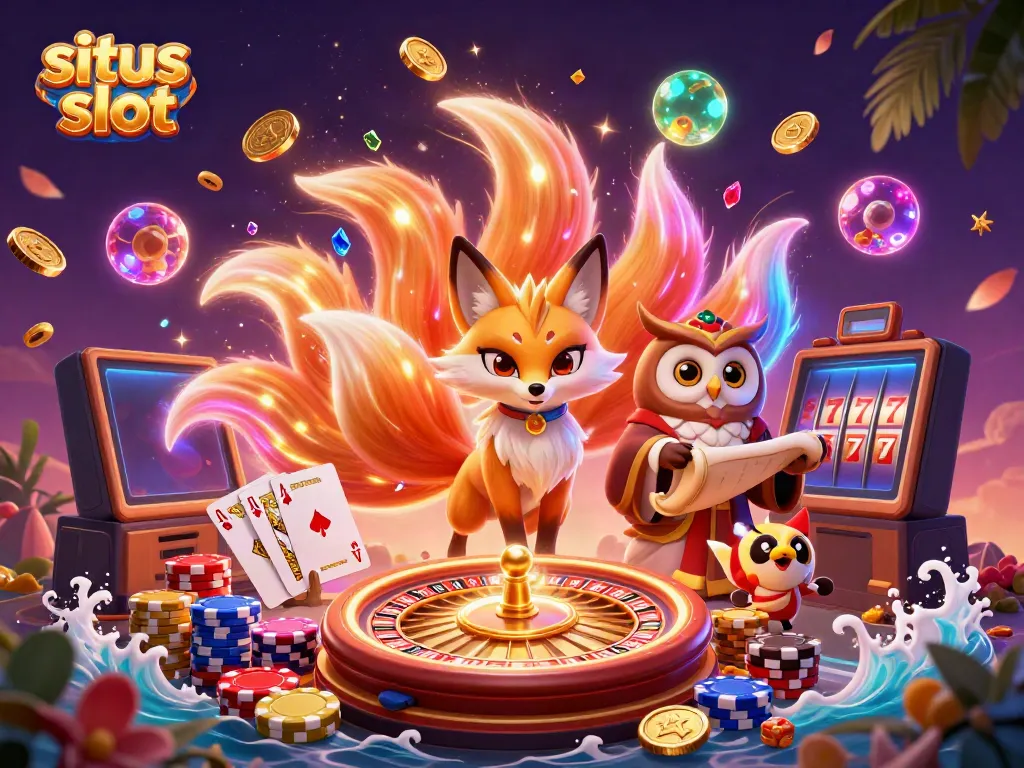 Experience exhilarating wins at situs slot with a lively nine-tailed fox and owl in a vibrant casino scene.