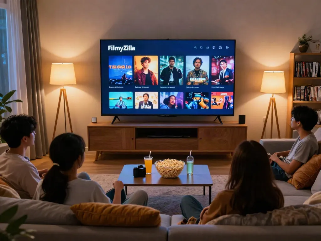 Group enjoying a movie night using the FilmyZilla APK download in a cozy living room.