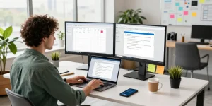 WPS Download in a vibrant workspace with dual monitors showcasing productivity tools, encouraging efficient work.